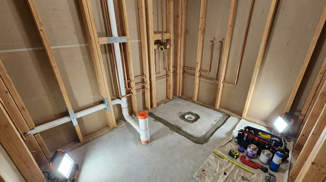 Bathroom rough-in plumbing during remodel by Johns Plumbing LLC in Elwood