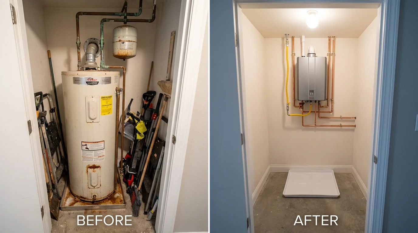 Tank water heater versus wall-mounted tankless unit comparison for Elwood, NE homeowners
