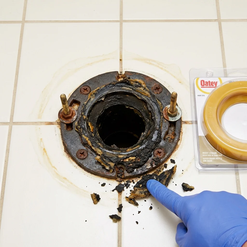 Failed wax ring showing water seepage at the base of a toilet in a Elwood, NE home