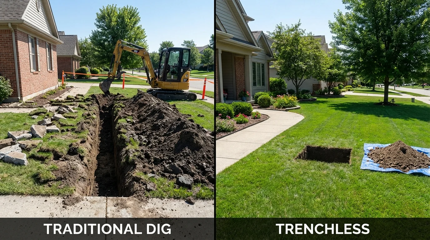 Trenchless sewer repair with minimal yard damage versus traditional excavation in Elwood, NE