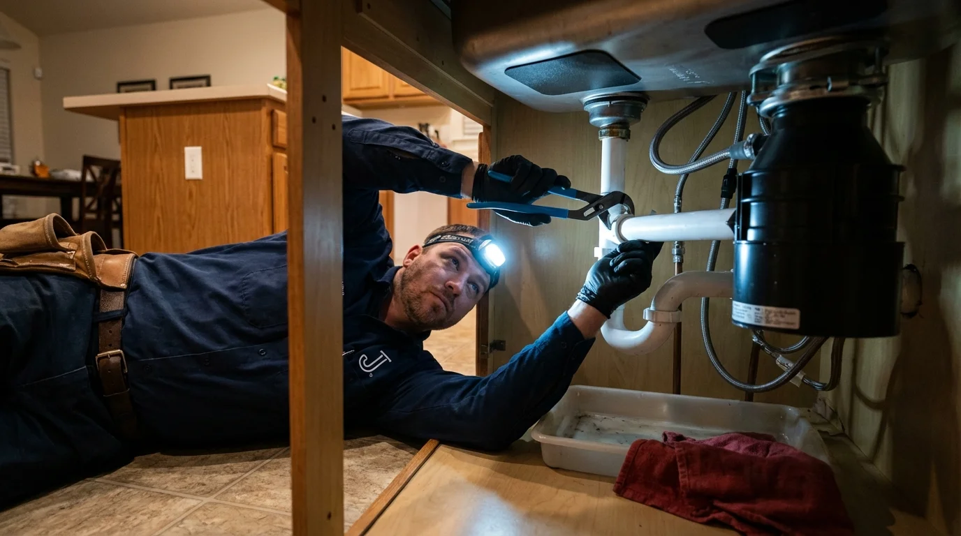 P-trap and supply line connections under a kitchen sink showing a common leak point in Elwood, NE